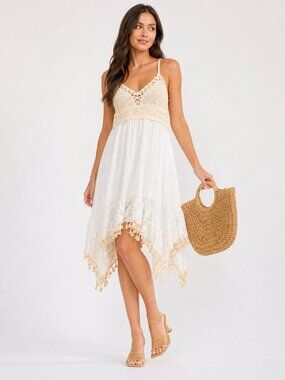 Women’s Off White Crochet Lace Mini Dress V-Neck Boutique